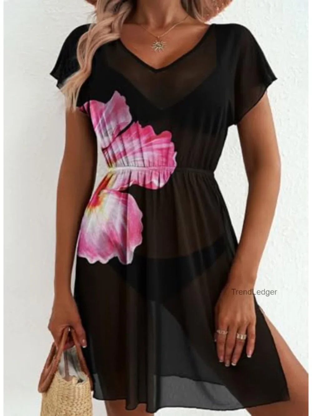 Mesh Sheer Floral Print Swim Cover Up